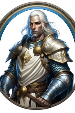 Please create an image for a 30-year old half-aasimar male with silver hair and blue eyes. He is a cleric of Selune, whose symbol should be placed on the cleric's shield, if visible in the image. The cleric should be wearing either medium or heavy armor, and carrying a warhammer or a mace and a shield