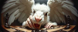 fish eye lense, pin hole cam, master oil painting by Rembrandt, realistic rendering one eyed chess blinding white angel harpy, wild gnawing on pieces