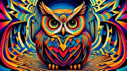 Optical Illusion Of An Owl || psychedelic surrealism in the styles of By M.C. Escher and Patrick Arrasmith and Edward Wadsworth, expansive, imperial colors, cinematic, sharp focus, epic masterpiece