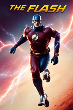 1/4 side view, looking at the viewer, Movie Poster - "THE FLASH" - A massive, thick, extremely muscular, 7'8" tall man, ((skintight, formfitting, long-sleeved, Blue spandex bodysuit:1.5)), ((Silver knee-high boots:1.5)), ((Silver wrist gauntlets, blue fingerless gloves, silver, double holstered utility belt:1.5)), ((skintight, formfitting, blue spandex helmet with blue eye disguise,:1.5)), Running, multicolored lightning emanating from his body, an overly exaggerated muscular stature