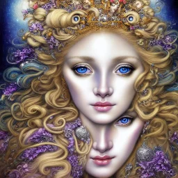 Portrait of a sensual Goddess: Black eyes like diamonds sparkling. Long Blonde hair. Incredibly detailed 8K resolution HDR photograph of a hyper detailed photorealistic by Brian Froud and Josephine Wall, album cover art, imagination, upscaled, sharp focus, space-