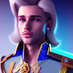 Handsome prince galactic, glitter blue prince suit with jewels and stripes, long blond hair, blue eyes, cinematic lights unreal engine 5, 4k, focus details, beam