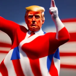 Realistic image of Donald trump super hero, retro style, watchmen style, red white blue colors, white stars, suspenders, latex material, 80s, vibrant color, highly detailed, sky background, concept art, unreal engine 5, god rays, ray tracing, RTX, lumen lighting, ultra detail, volumetric lighting, 3d, finely drawn, high definition, high resolution.