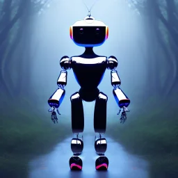 A humanoid robot, looking itself in a mirror, the mirror is in the middle of a mushroom forest