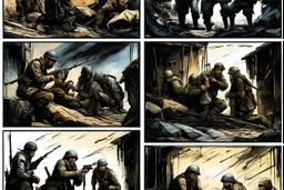 Masterpiece1:5)(Fineart), (award-winning:1.5), highest quality, war journalism editorial ,(by Tim Page, Hoorst Faas:1.5)),(Eastern Ukraine:(panel one:the moment after a battle ends, horrors of war, wounded men),(2nd panel, cinematic shot of men sitting in trench with 1000 yard stare (focus on their eyes:1.5)),(the third panel shows troops tired but hyper alert), (the fourth panel shows the sky is filled with incessant, fire and smoke everywhere,)