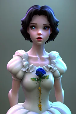 4K Ultra-HD, Hyper realistic, cinematic lighting -- Snow White, short, bowl-cut black hair, blue eyes, Yellow skirt, blue blouse with short poofy sleeves, extremely pail skin, Rose pedals, wild animals, Castle, Full body image -- 4k, stunning, dramatic lighting, dramatic background, cinematic, atmospheric, very detailed, historic, powerful, octane rendering, exquisite detail, 30 - megapixel, 4k, 85 - mm - lens, sharp - focus, intricately - detailed, long exposure time, f8, ISO 100, shutter - s