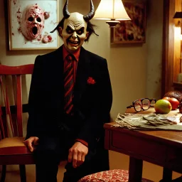 Flash photo of a room, 1980 horror movieshot, with chair, table, odd objects in background, ugly and scary mask, odd paintings hanging in the walls, rotten fruits, pair of glasses, horns, skin