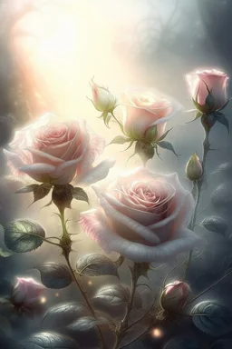 magic rose flowers,delicate petals,natural light ,sunlight,dew,fine ink drawing,landscape,fog,lots of details,realistic,high quality,3d, work of art,hyperdetalization,professionally,filigree,hazy haze,hyperrealism,transparent,delicate pastel tones,back lighting,contrast,fantastic,unreal,translucent,glowing,clear lines,horror,epic,fabulous,fabulous landscape