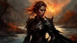 A formidable warrior girl in black armor, on the background Amazing gloomy landscape, flooded with sunset, mountains, trees, fabulous scary hero, , juicy emotions, painting, dark fantasy, gloomy day, dark world, portrait, by Anna Razumovskaya & Raymond Swanland & James Paick & Alyssa Monks