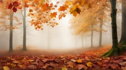 Theme Autumn. Triple exposure. Bottom layer is a misty view of an autumnal forest, leaves changing colour, fallen leaves on the ground. Second layer shows chestnuts, acorns, berries from a closer viewpoint. Top layer is semi-transparent and shows large perfect autumnal maple leaves. The whole image melds together into a commentary on the autumn season in nature.