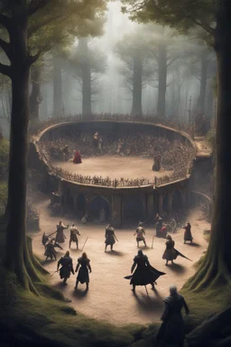 fantasy medieval tournment arena into the woods with people fighting