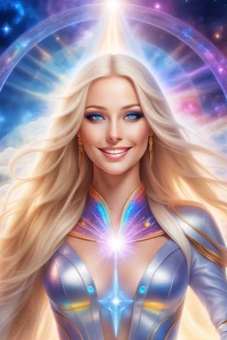 cosmic woman smile,beautiful ufos rainbow, admiral from the future, galactic confédération, fine whole face, crystalline skin, expressive blue eyes,rainbow, smiling lips, very nice smile, costume pleiadian, Beautiful tall woman pleiadian Galactic commander, ship, perfect datailed golden galactic suit, high rank, long blond hair, hand whit five perfect detailed finger, amazing big blue eyes, smilling mouth, high drfinition lips, cosmic happiness, bright colors, blue, pink, gold, jewels, realist,