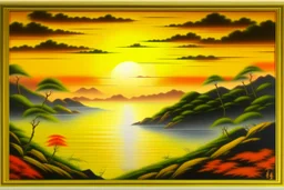 cartouche japanese oil painting of a sunrise