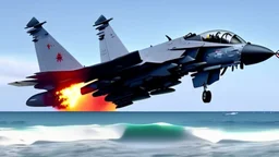 fighter jet shoots at passenger plane and it explodes while flying over the ocean