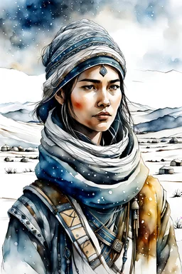 create in ink wash and watercolor portrait of a young, otherworldly lost Siberian nomadic female huntress, fantasy art character, with highly detailed, sharply lined and deeply weathered facial features, outside her yurt in a desolate tundra steppe landscape , in natural winter tundra colors, 4k