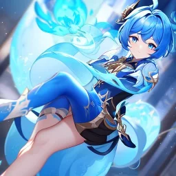 Clear focus,High resolution, Vibrant short blue hair, Vibrant blue eyes, Genshin impact inspired outfit, wearing a short skirt