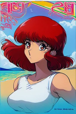 1girl, retro anime, 80's, redhead,portrait synth-wave colored, beach