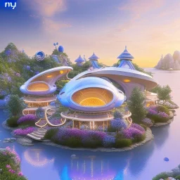 landscape of summer tropical ambient beutiful villa white gold and neon lights bright and colorful bright gloss effect of a futuristic house,like spaceship, natural round shapes concept, large transparent view of the open outdoor garden,sea beach at sunset, gold crystals,with light pink, flowers of Lotus, beutiful pools, light of sun , palmiers,cerisiers en fleurs, wisteria, sun , stars, small waterfalls