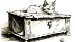 Un gato blanco se esconde bajo una cama médica oxidada; tinta y grafito con sombras intensas