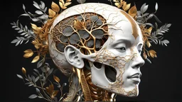 3D rendering of a head of an impressively detailed and complex hyper-realistic "human anatomy": scientific, single object, glossy white, shiny gold, vines, tribalism, black background, shamanism, cosmic fractals, octane rendering, 8k post-processing, detailed metallic bones, dendritic, artstation : Award Winning: Professional Portrait: Atmospheric: Commanding: Fantastic: Clarity: 16k: Ultra Quality: Astounding: Shine: Stunning Colors: Stunning Depth