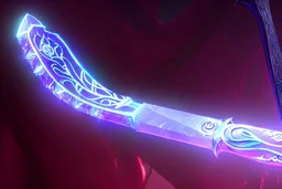 A fantasy greatsword, the blade is made up of glimmering ice, it's hilt is crafted from swirling vines, leading to a vibrant rose crystal at the pommel, with a black background behind it.