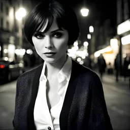 woman with short dark hair, in a fashionable cardigan, against the background of the street, {day|night}, stylish photo, in the style of Peter Lindbergh