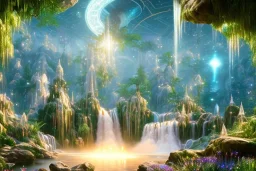  white and gold crystal cosmic ambiance，waterfall, full of details, smooth, bright sunshine，soft light atmosphere, light effect，vaporwave colorful, concept art, smooth, extremely sharp detail, finely tuned detail, ultra high definition, 8 k, unreal engine 5, ultra sharp focus