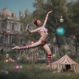 Ultra realistic circus scene. Classic acrobat woman, waist up view, Wes Anderson style, happy, bubbles, highly detailed, concept art, unreal engine 5, god rays, ray tracing, RTX, lumen lighting, ultra detail, volumetric lighting, 3d, finely drawn, high definition, high resolution.