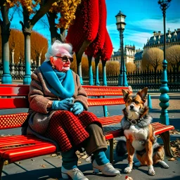 An elderly woman is knitting on a park bench, accompanied by her furry companion - a calm husky dog ​​resting next to her. In the background is the Eiffel Tower. The woman's lively personality shines through her whimsical outfit - a light blue sweater, striped tights and large round glasses perched on her nose. Her spiky red hair adds a touch of glamor to the scene. The sweet dog, with a shaggy yellow coat, lies peacefully with his head resting on the knitted fabric, providing a faithful compani