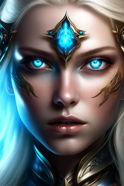 guerriero cosmico viso bellissimo capelli biondi occhi blu