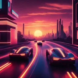 A cinematic photo of Sunset Drive, bathed in warm, neon-lit hues, evoking the nostalgia of Retrowave and 8Bit eras, with bold, geometric shapes and vibrant, electric colors, set against a backdrop of a fiery, synth-heavy sunset, with sleek, futuristic cars speeding by, leaving trails of light, amidst a futuristic cityscape, infused with a sense of retro-futurism, and a hint of digital glitch, with bold, contrasting highlights and deep, rich shadows, capturing the essence of Synthwave's retro-uto