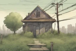 house, electrical box, overgrown, post-apocalyptic, comic book, city background