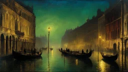 Venice at night, darkness, year 1850, style john atkinson grimshaw, beautiful photographic quality image, atmospheric, mysterious