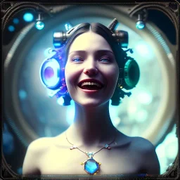 a happy woman holding a blue crystal up to the sky and screaming, steam punk, realistic, made in octane, cinematic, ultra-realistic, extremely detailed octane rendering, 8K, VRAY Super Real ar 2:3, dof photorealistic futuristic 50mm lens hard lighting dark gray tintype photograph, realistic lighting