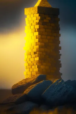 guard tower build of yellow stones misty trending, depth of field, backlit