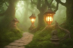 wooded forest stone lantern path