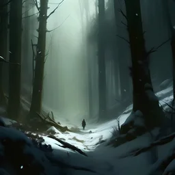 a forest scene, cold, windy, snowy, ruthless forest, scary, cinematic scene, distant monsters, blurry