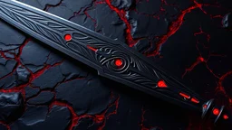 Create a high-resolution texture for a sword called Doomscar's Edge. The texture should feature a dramatic blend of deep, dark black and vibrant, fiery red hues. Incorporate a sleek, metallic finish that resembles polished obsidian with crimson accents. Add intricate patterns that evoke a sense of ancient runes or scars, subtly glowing with an ethereal red light. The texture should convey a dark, mystical aura, embodying both power and danger, suitable for a fantasy weapon. Include subtle scratc