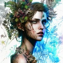 singer Danish MØ face,Style Yoji Shinkawa, watercolor illustration , Dryad, plants, wildflower,