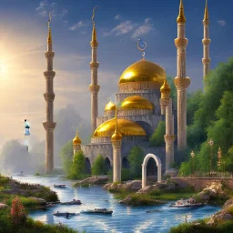 landscape, river, sun, a mosque, an outside view.