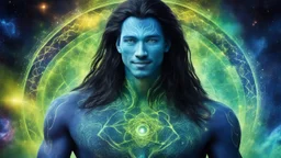 beautiful gorgeous young man na'vi with long hair, Avatar, blue skin, two small ears, green eyes, black hair, in cosmic suit, galactic ambiance, medium pointy goatee , smiling, nebulas and sacred geometry light figures on the backgroud,