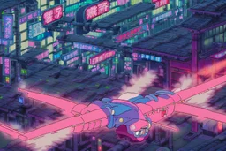 An intense still from a chase scene through the labyrinthine alleys of cyberpunk Gastown. Yui and Toshi sprint, oxygen tanks strapped to their backs, as they evade AeroCorp drones. The city's futuristic neon lights cast long, twisted shadows, adding a sense of urgency and danger.