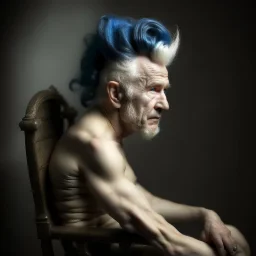 a detailed portrait of old man with a extravagant blue mohawk by edouard bisson, punk rock, oil painting, muted colors, soft lighting