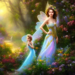 bright fairy, beautiful portrait, flowery landscape