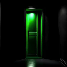 a closed and illuminated green door in the middle of a black void