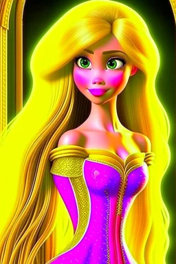 Princess Rapunzel is very beautiful, with a symmetrical, luminous face and beautiful hair