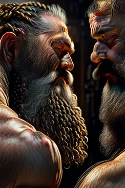 close up photo, chubby muscular burly sweaty turkish man looking down, masculine hairy 59 year old man, with other two male hands touching the chest , dreadlocks, long beard, manly shoulders, ambient occlusion , , super high resolution, 8k, cinematic light, ultra hyper realistic, view from the bottom