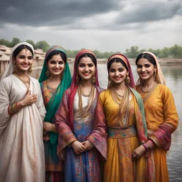 Hyper Realistic Traditional Pushto girls & women smiling & wearing traditional desi outfit at cloudy weather riverside with lots of other people