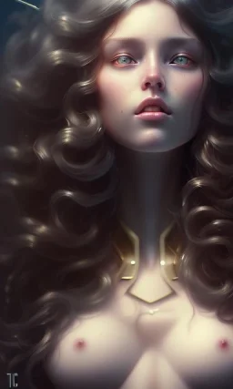 porno model , cute, beautiful, long hair, wavy hair, curly hair، black eyes, head and shoulders portrait, cinematic, 8k, resolution concept art portrait by Greg Rutkowski, Artgerm, WLOP, Alphonse Mucha dynamic lighting hyperdetailed intricately detailed