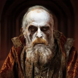 very grainy discolored modern photo, closeup portrait, dark ancient hall with no lights, grunge, extremely old male with chalk-white skin wearing old dashing and opulent gilded clothes, threatening, imposing, ventru